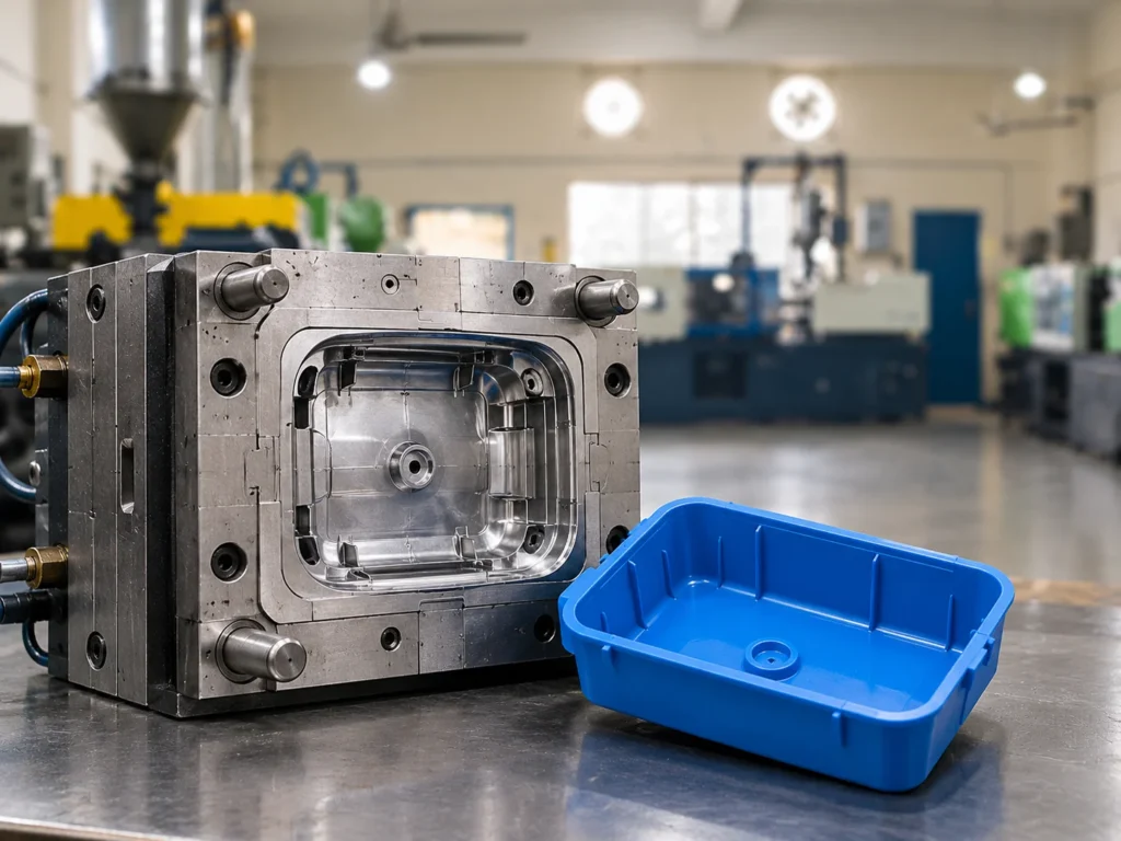 Injection mold and molded plastic tray on the Sumama Polymers factory floor